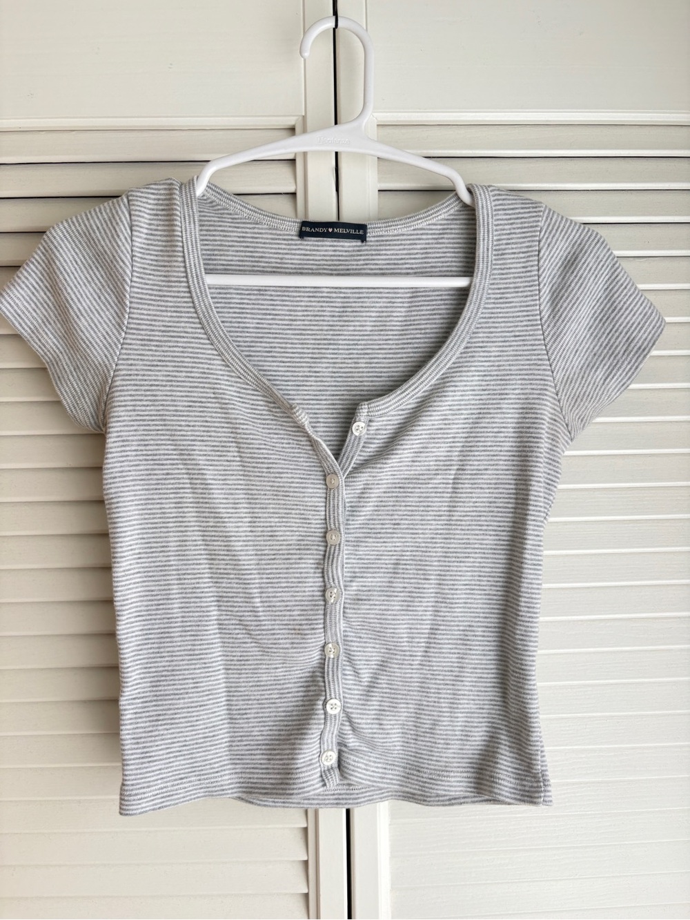 Brandy Melville Light Gray & White Striped Button-Front Scoop Top